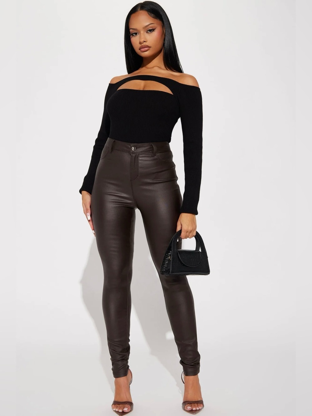 Fashion Nova High Rise Brown Faux Leather Skinny Pants